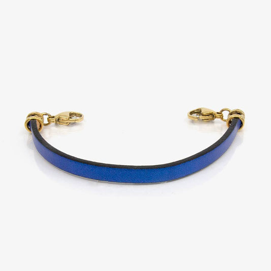 Bright royal blue leather medical ID bracelet with gold finishes