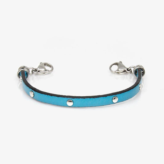 Teal studded leather medical ID band with silver lobster clasps