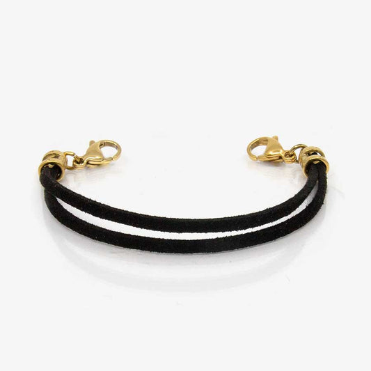 Dual strand black suede medical ID bracelet with gold finishes