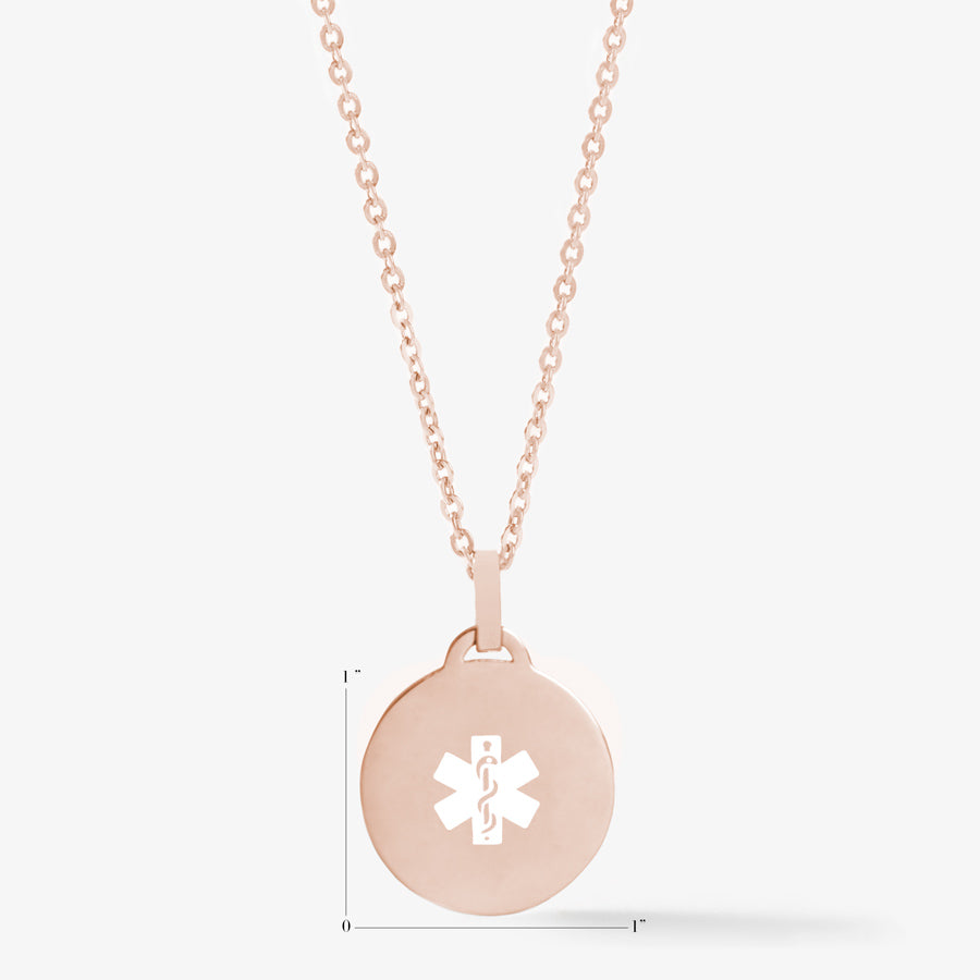 Measurement illustration of rose gold pendant medical ID medallion necklace