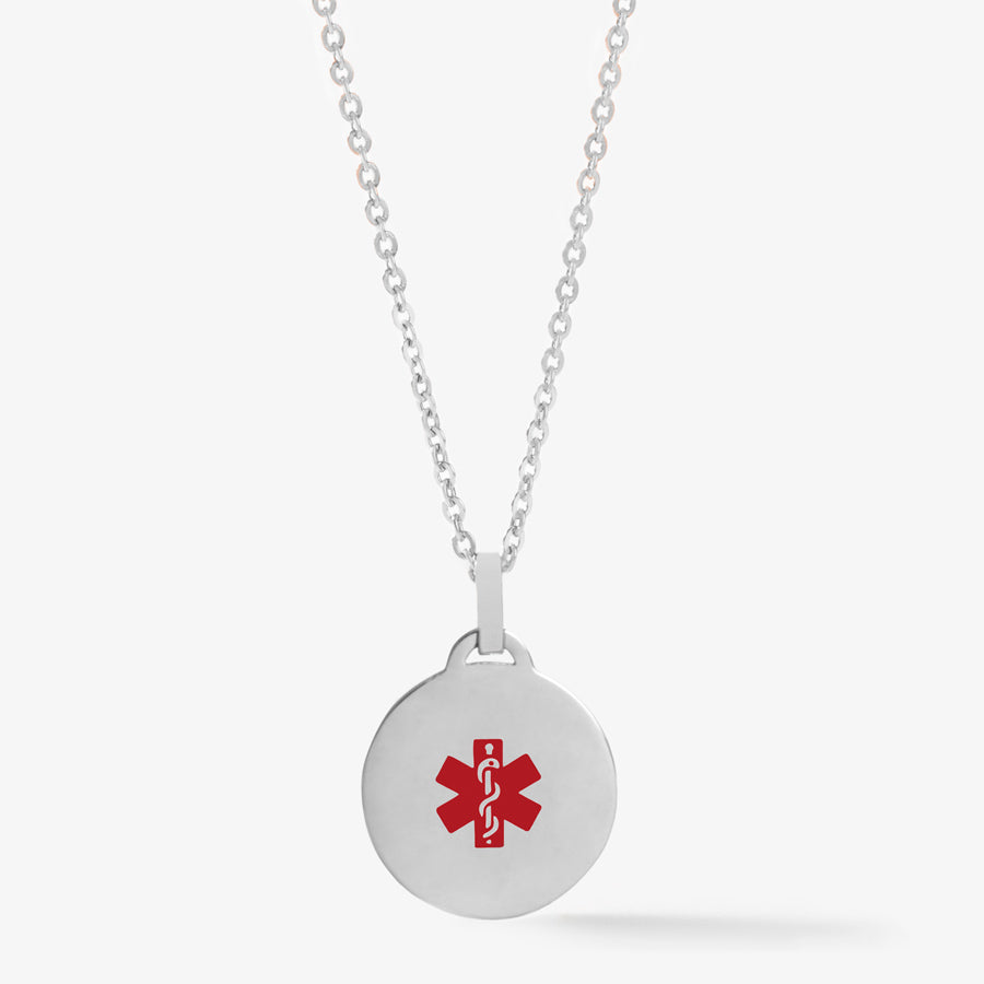 Silver circle pendant medallion necklace with red medical caduceus symbol