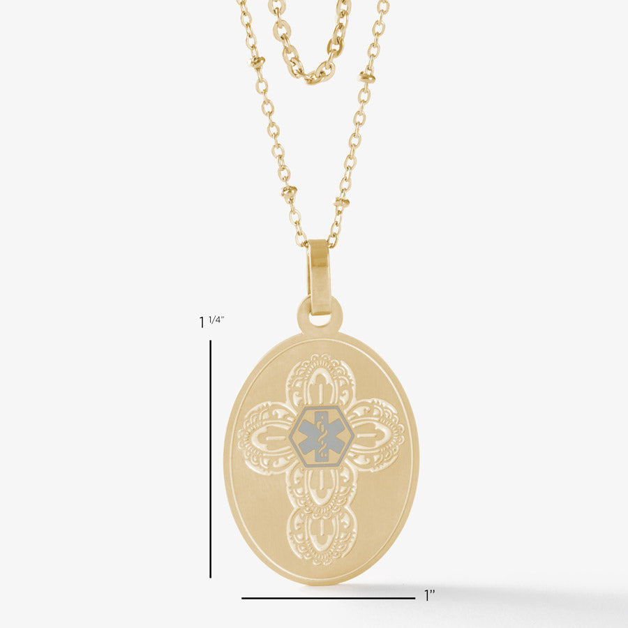 Measurements of gold tone oval pendent with layered necklace chains.