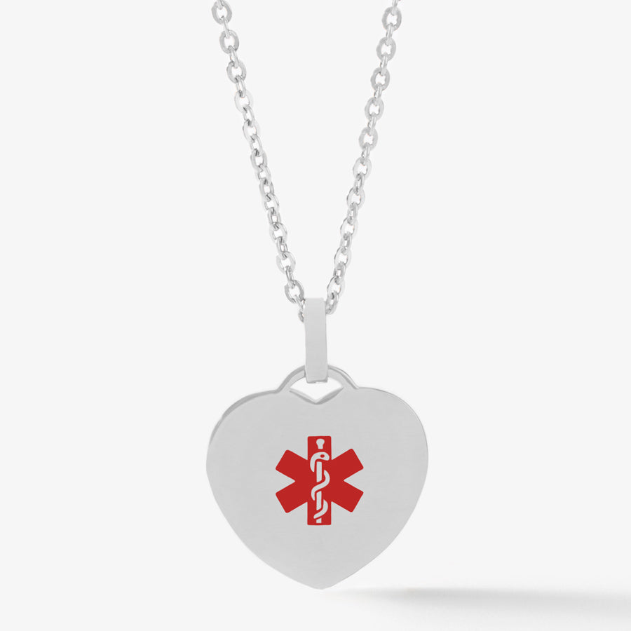 Stainless steel heart medical ID pendant necklace with red medical symbol