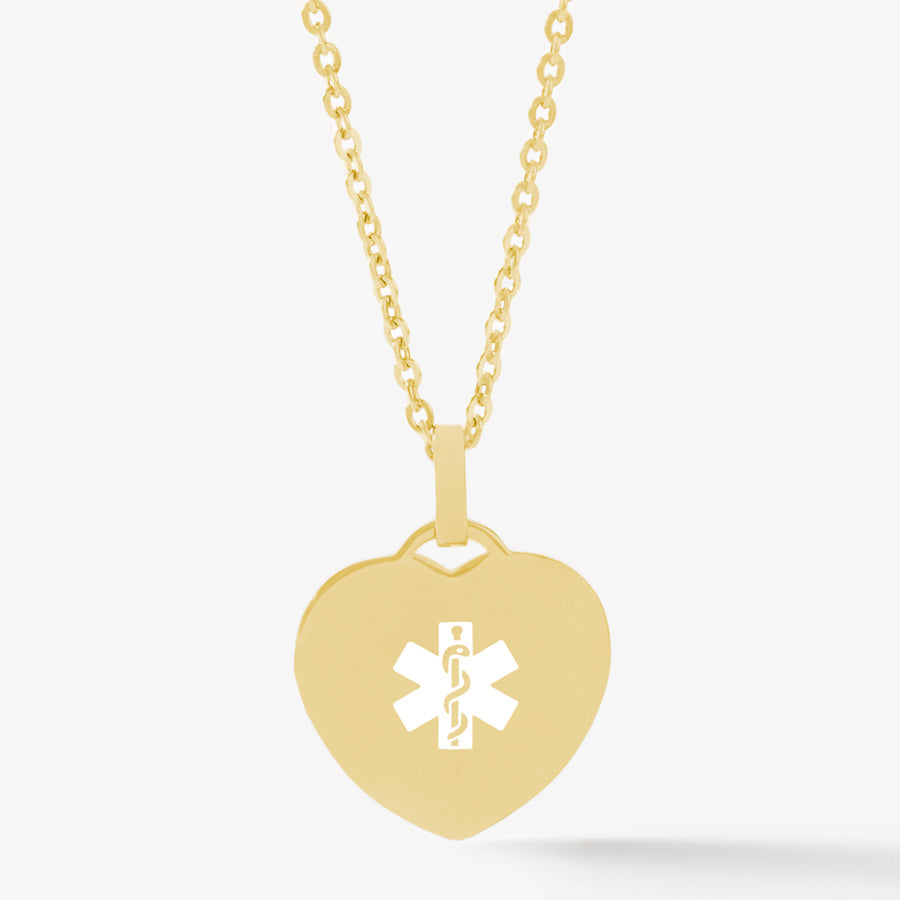 Gold heart shaped medical ID pendant necklace with white medical symbol