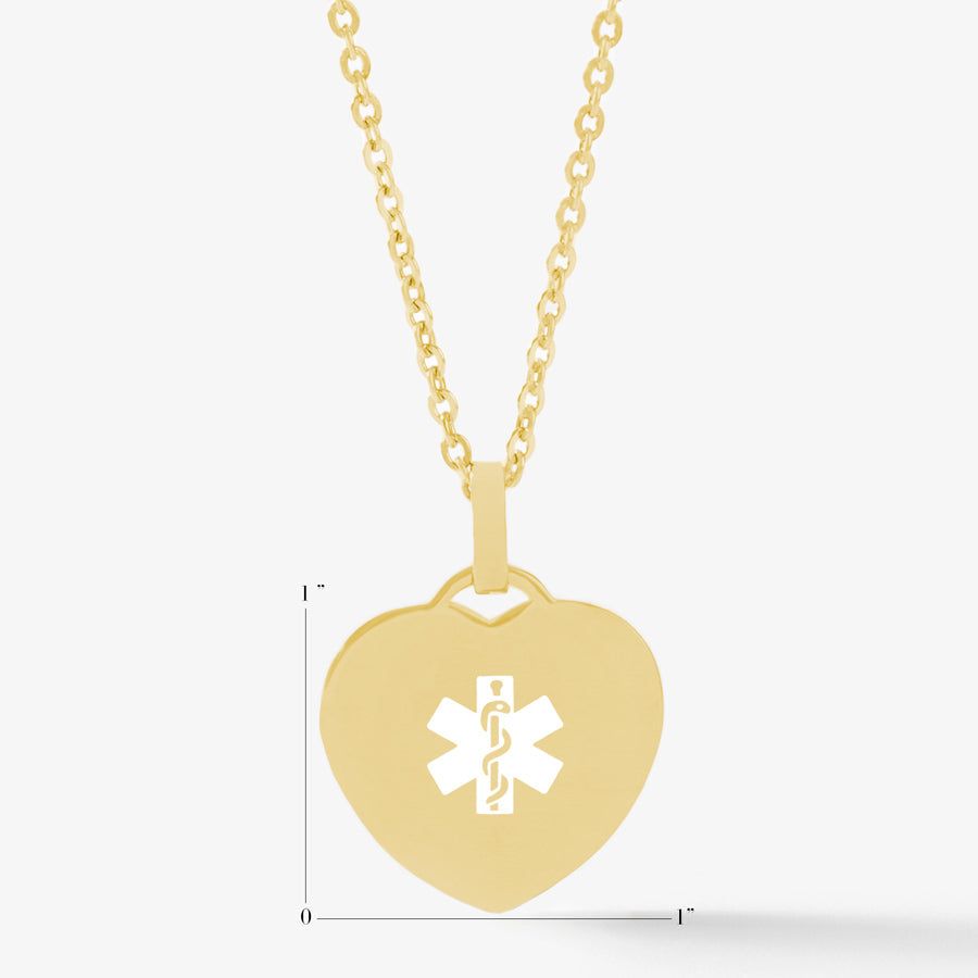 Measurement illustration of gold heart shaped pendant medical ID necklace