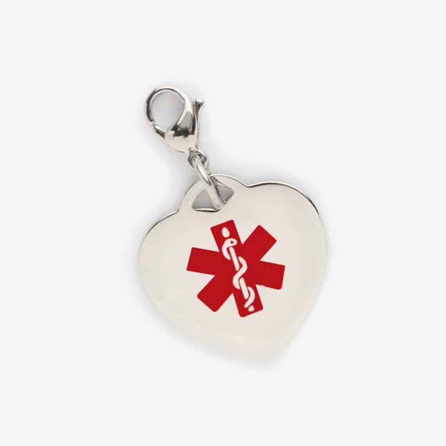 Heart shaped charm with red caduceus symbol is attached to a lobster clasp making it easy to put on and off.