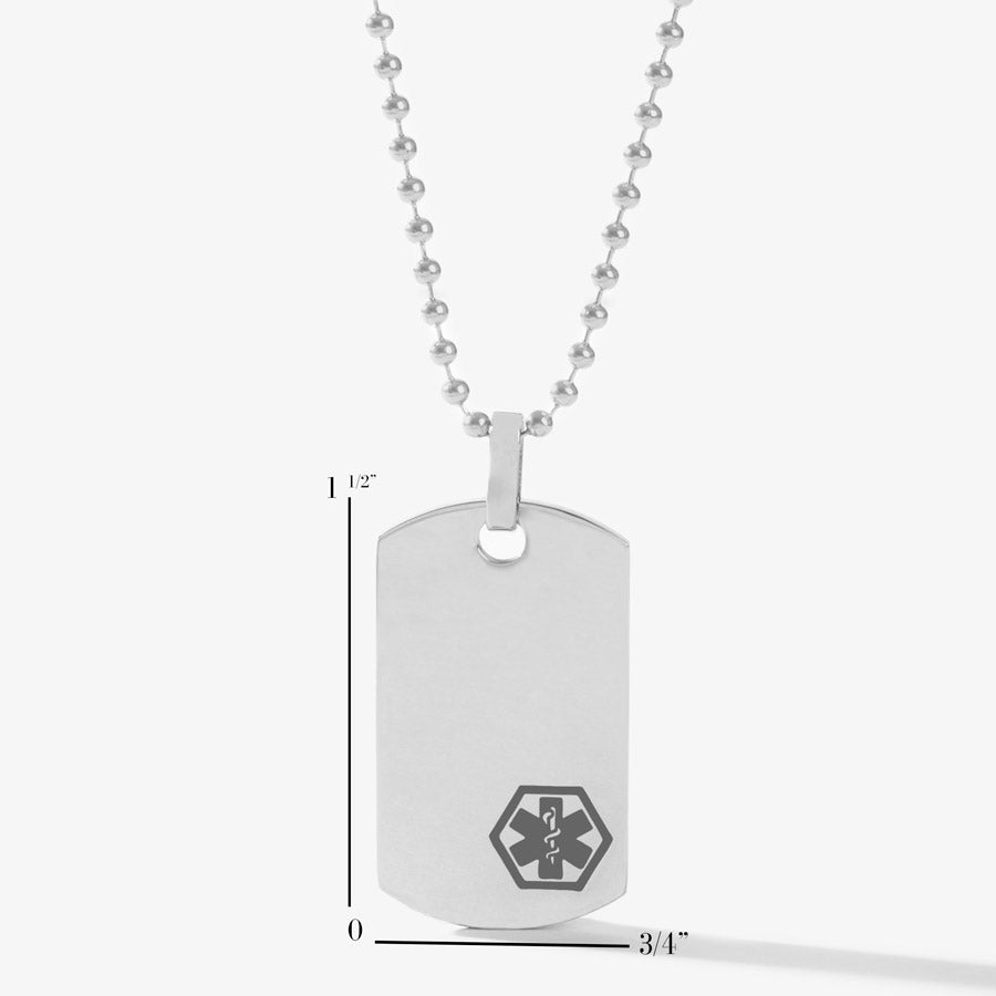 Rectangular stainless pendant with charcoal medical symbol set on lower right corner. Ball chain necklace.