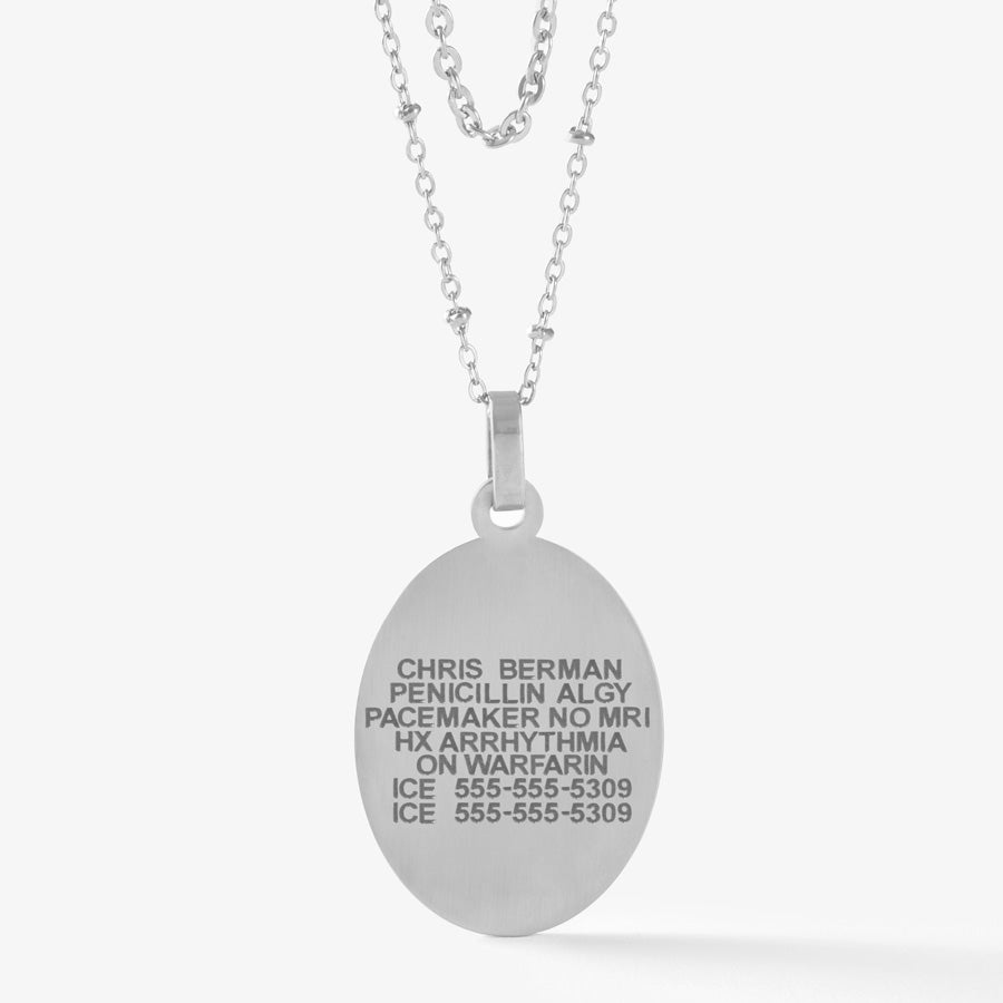 Back of silver medical ID alert pendant necklace with custom laser engraving