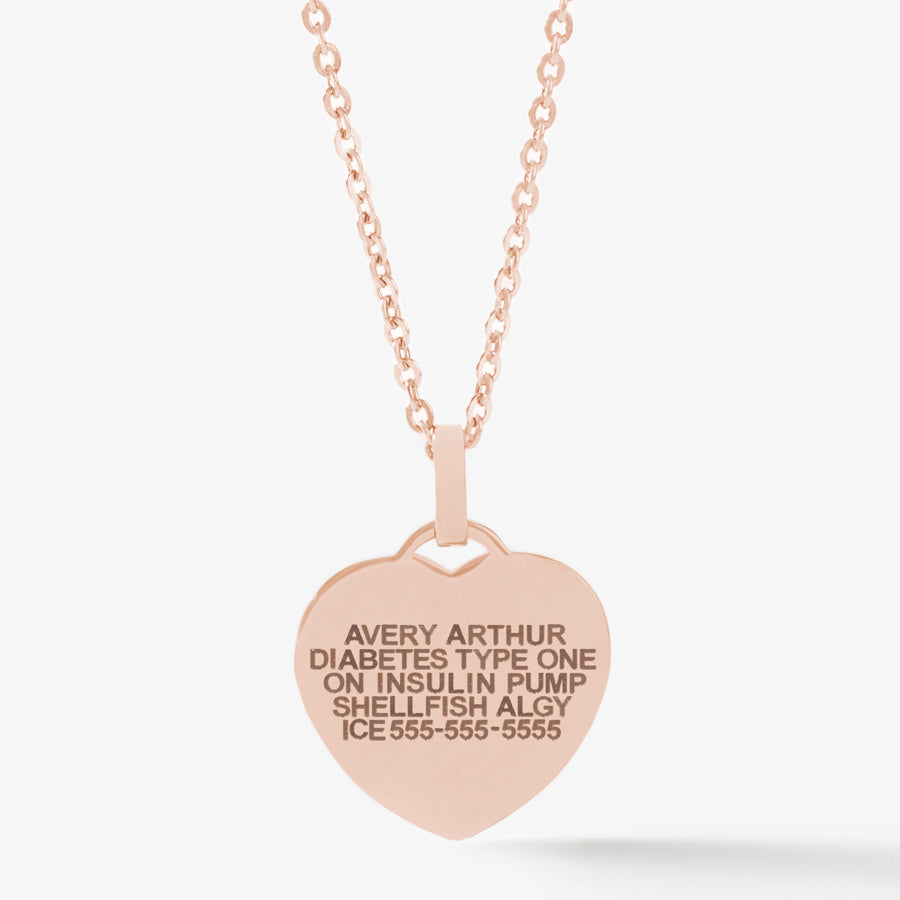 Custom laser engraved rose gold heart medical ID necklace