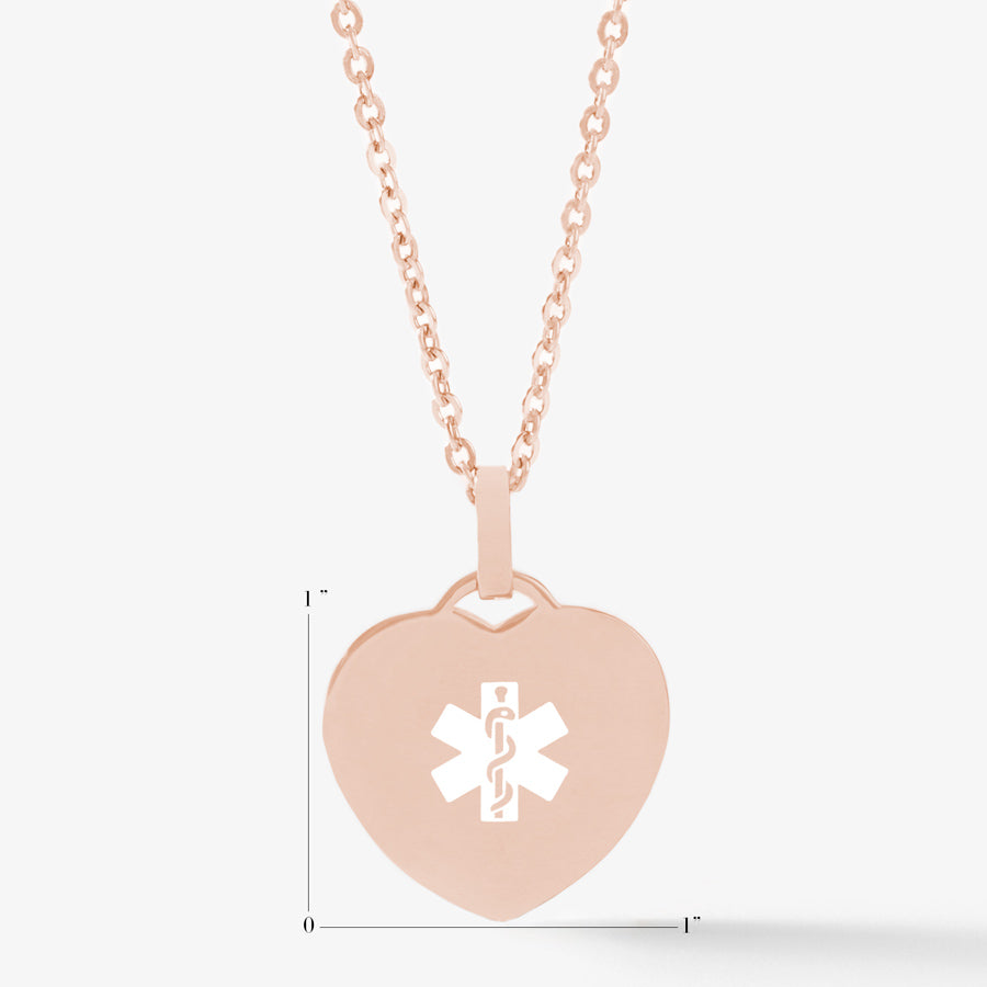 Measurements of rose gold heart medical ID pendant