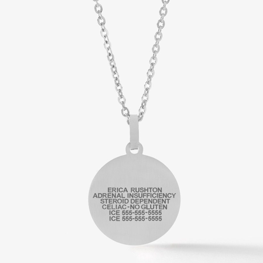 Custom laser engraved medical ID pendant necklace with stainless steel chain