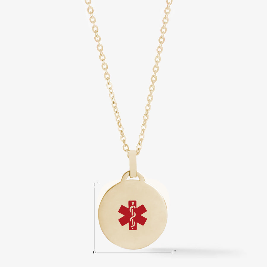 Measurement illustration of gold pendant medical ID medallion necklace