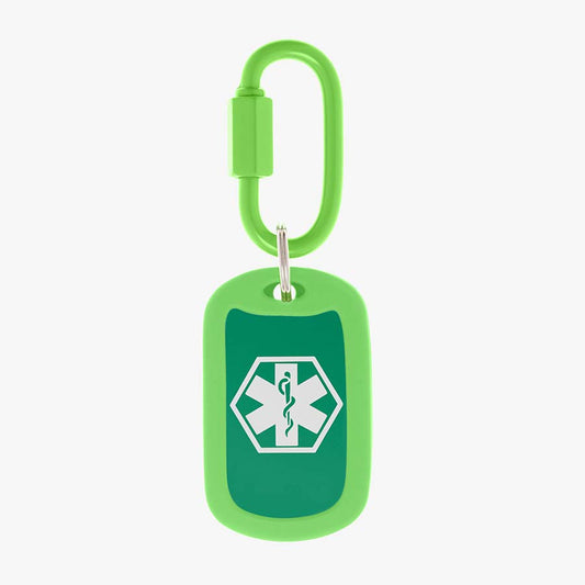 Lime aluminum bag tag with white medical symbol and coordinating silicone silencer on matching carabiner clip.