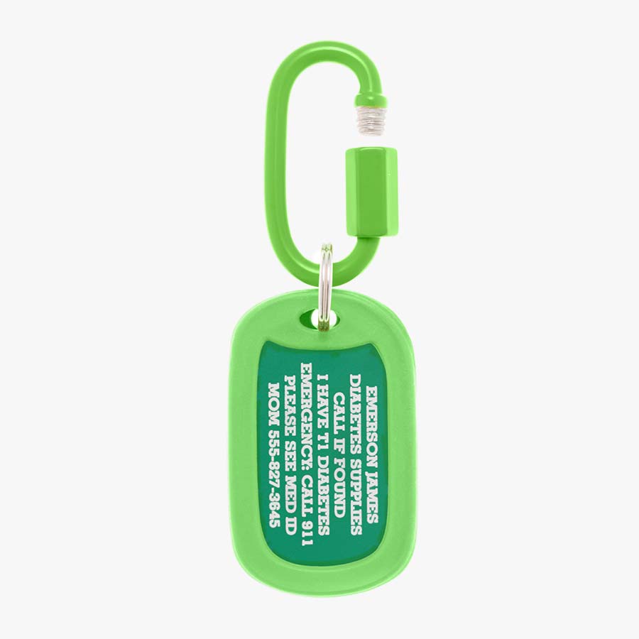 Lime aluminum bag tag with engraving example and coordinating silicone silencer on matching carabiner clip.