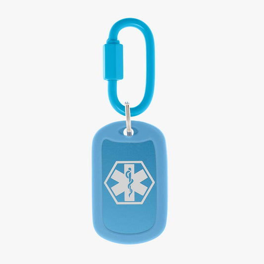 Sky blue aluminum bag tag with white medical symbol and coordinating silicone silencer on matching carabiner clip.