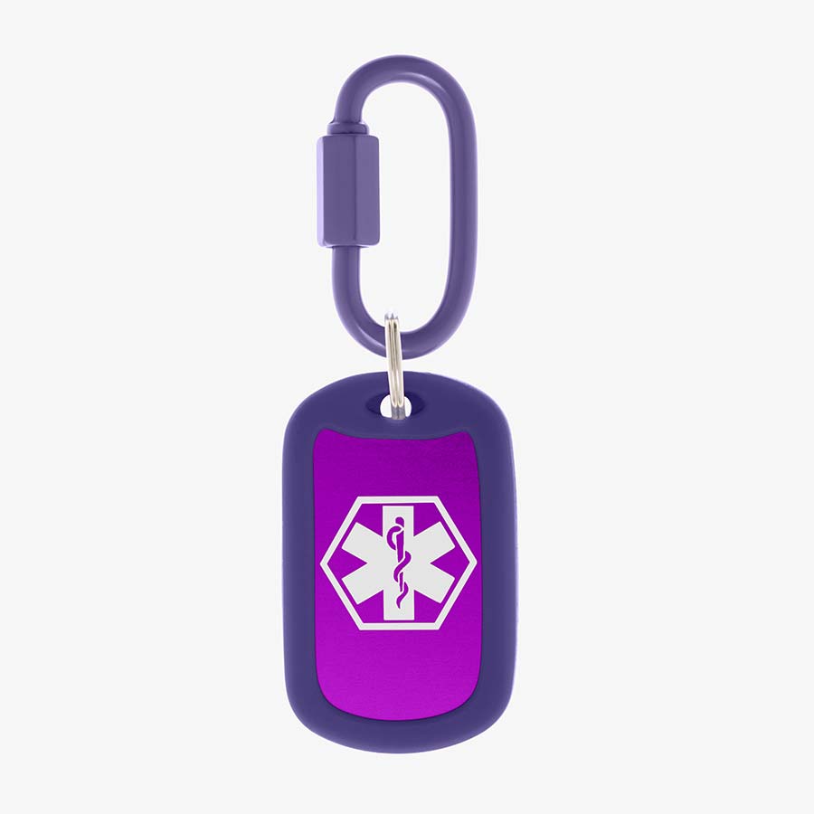 Grape aluminum bag tag with white medical symbol and coordinating silicone silencer on matching carabiner clip.