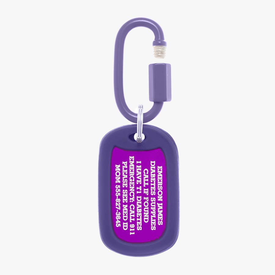 Grape aluminum bag tag with engraving example and coordinating silicone silencer on matching carabiner clip.