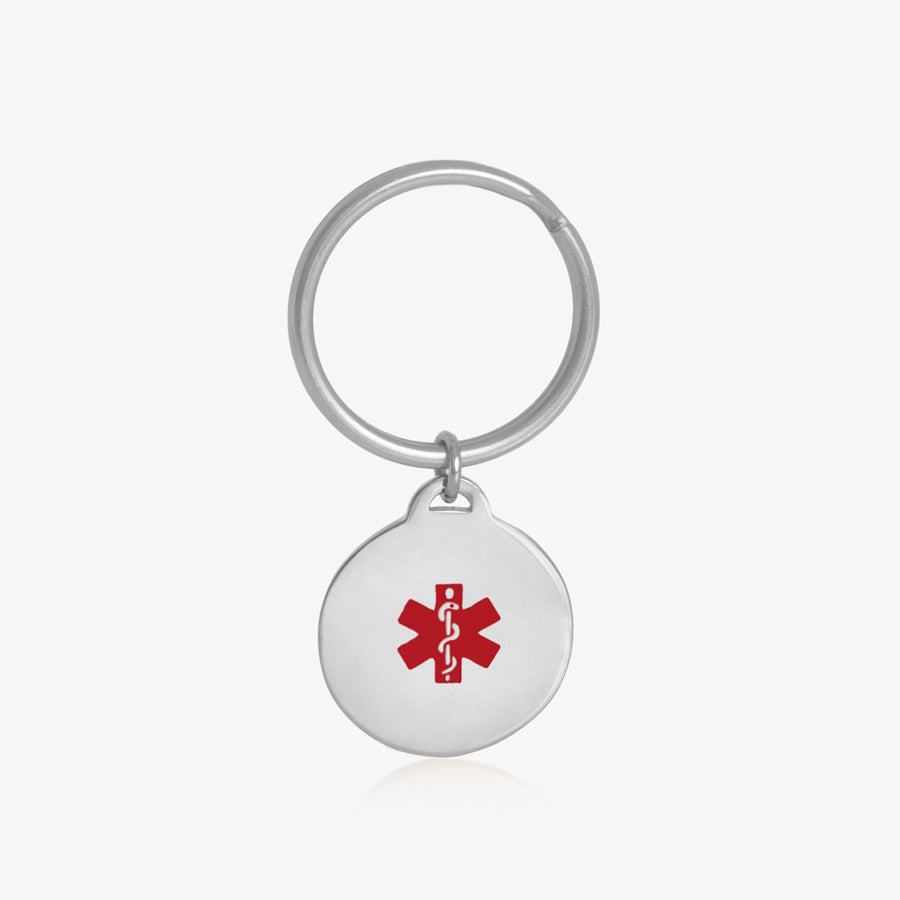 Silver circle pendant medical ID key chain with silver key ring