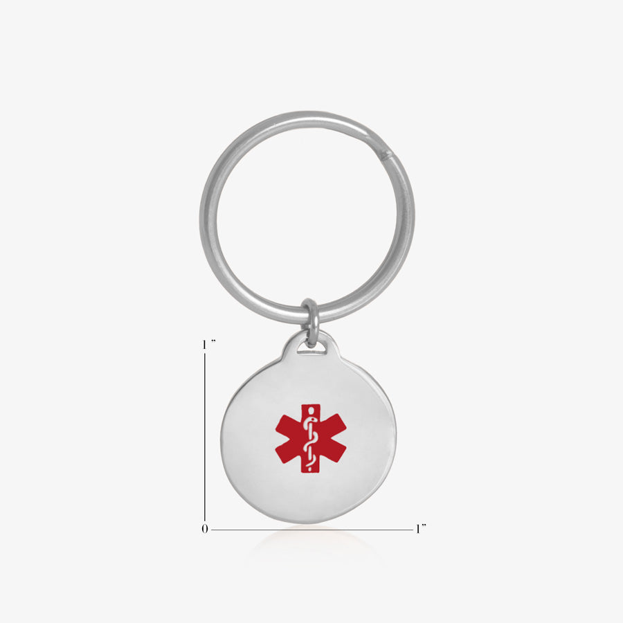 Measurements of silver circle medical alert key chain ID