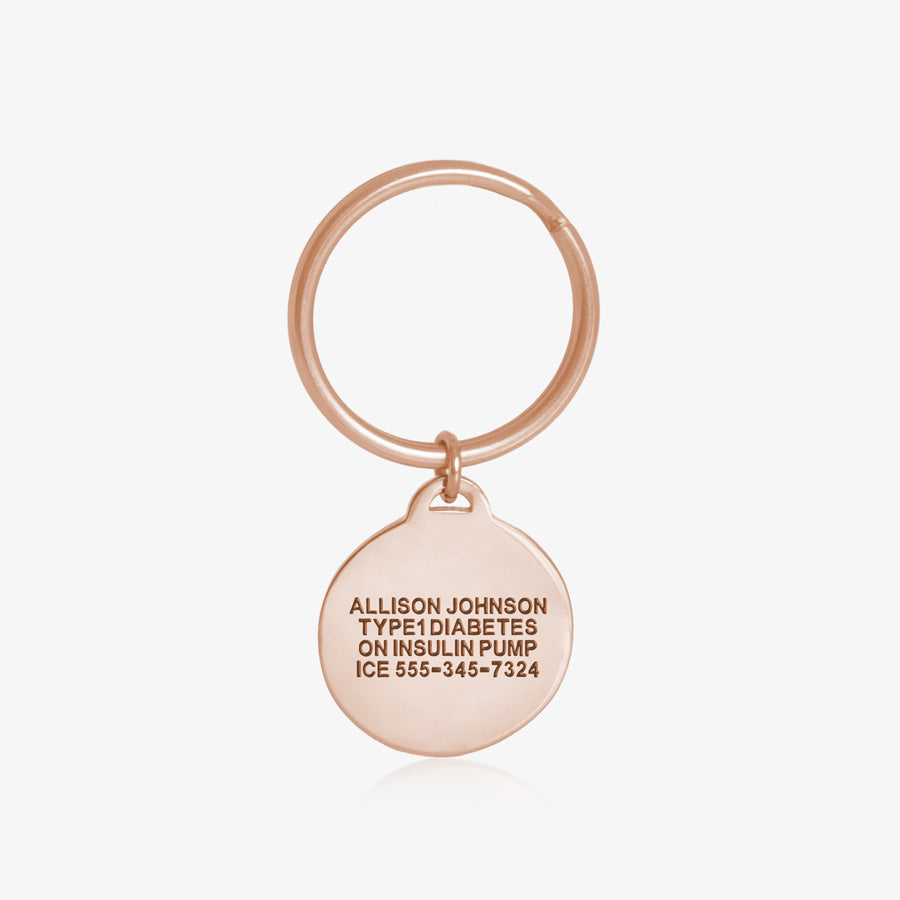 Custom laser engraved rose gold circle pendant key ring medical ID