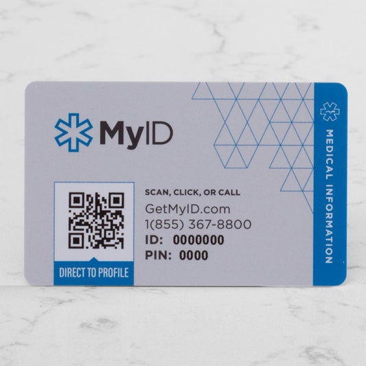 Online Health Profile Wallet Card displayed on white marble.